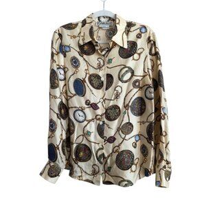 Carlisle Vintage Womens Baroque 100% Silk Button Down Long Sleeve Blouse Size 10